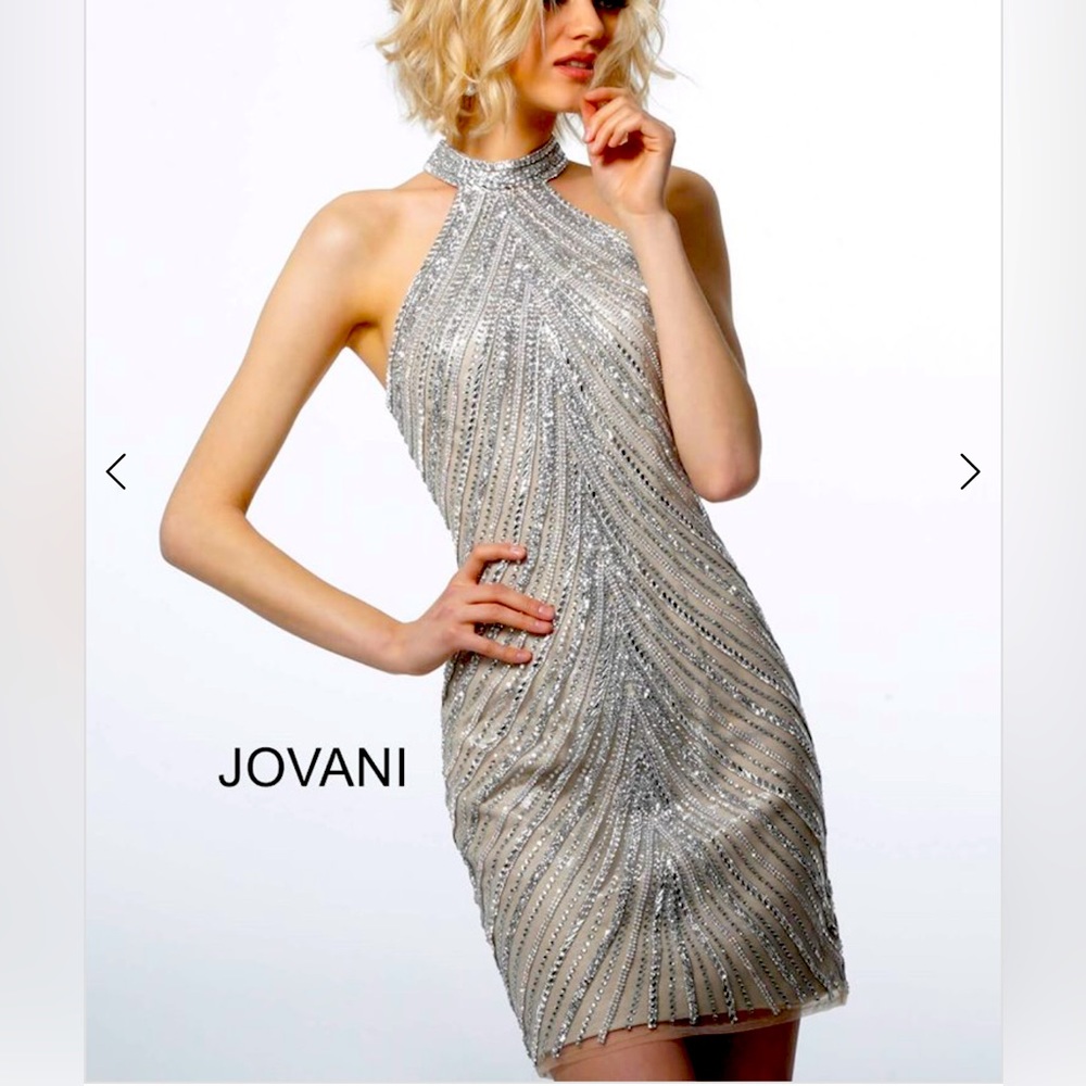 JOVANI Silver/ White Beaded Dress (short/cocktail)- STYLE 3834 | Size 4